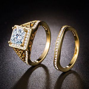 💎 Attractive 18K Gold Plated CZ Wedding Couple Ring, FB16FA1032